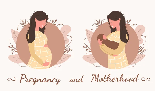 Embarazo y maternidad. Linda mujer embarazada feliz. Hermosa joven esperando al bebé. Ilustración plana vectorial . — Vector de stock