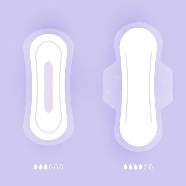 Женщины гигиенические прокладки набор векторных икон изолированы на фиолетовом фоне с тенью. Типы гигиенических прокладок, женские гигиенические средства гигиены. Элементы личной гигиены в плоском стиле . — стоковый вектор
