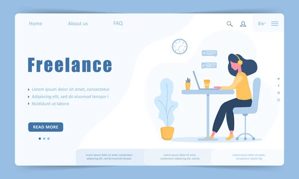 Mujer independiente. Plantilla de landing page. Chica en auriculares con un portátil sentado en una mesa. Ilustración conceptual para estudiar, educación, trabajo desde casa, estilo de vida saludable . — Archivo Imágenes Vectoriales