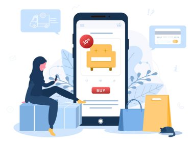 İnternetten alışveriş. Arap kadınlar bir online mağazada yerde oturuyorlar. Web tarayıcı sayfasındaki ürün kataloğu. Alışveriş kutuları. Arka planda kal. Karantina ya da kendini izole etme. Düz biçim.