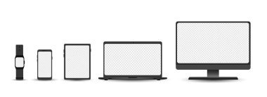 Aygıt seti - masaüstü, laptop, tablet, telefon ve akıllı sehpa şablonu. Elektronik cihazlar beyaz arka planda izole edilmiş. Gerçekçi vektör illüstrasyonu.