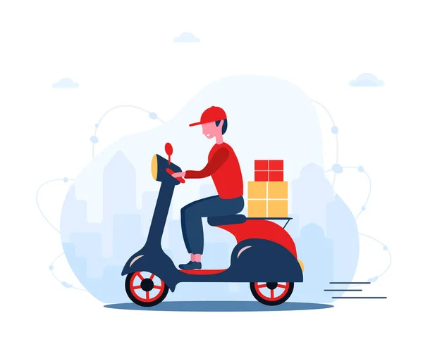 Conceito de serviço de entrega on-line casa e escritório. Scooter com correio rápido. Transporte de comida restaurante e correio. Ilustração vetorial moderna em estilo de desenho animado plano . — Vetor de Stock