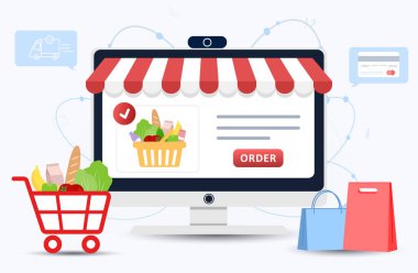 İnternetten yemek siparişi. Market teslimatı. Web tarayıcı sayfasındaki ürün kataloğu. Alışveriş kutuları. Evde kal. Karantina ya da kendini izole etme. Düz biçimli modern vektör illüstrasyonu.