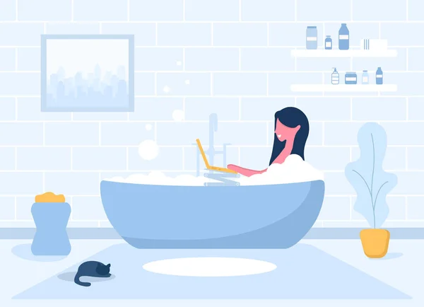 Woman freelance. Girl with laptop lying on bathtub. Concept illustration for studying, online education, work from home, communication, watching TV. Vector illustration in flat style. — Stock Vector