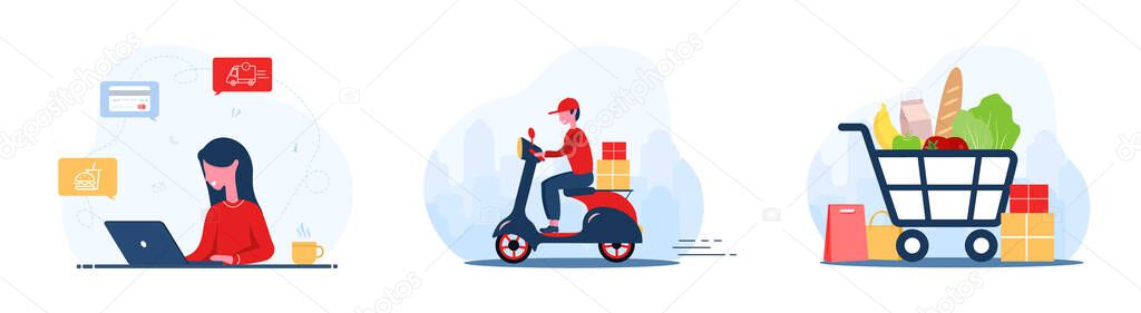 Online food order. Grocery delivery. A woman shop at an online store. Fast courier on the scooter. Shopping basket. Stay at home. Quarantine or self-isolation. Flat cartoon style.