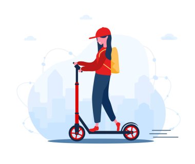 Çevrimiçi dağıtım hizmeti kavramı ev ve ofis. Scooter ve hızlı kadın kurye. Restoran yemekleri ve postalar. Düz çizgi film tarzında modern vektör illüstrasyonu.