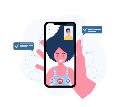 Video konferansı. Evden çalışıyorum. Sosyal uzaklık. İş görüşmesi. Düz biçimli vektör illüstrasyonu.