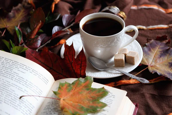 Una tazza di caffè sullo sfondo delle foglie d'autunno . — Foto Stock