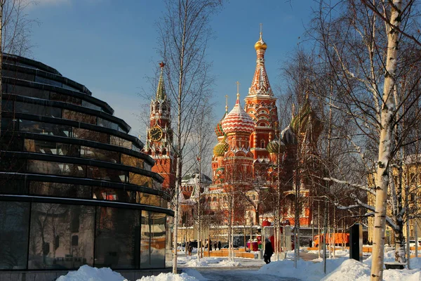 Februar 2018 Moskau Russland Blick Auf Basilius Kathedrale Und Spasski — Stockfoto