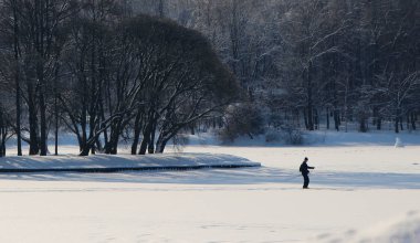 Güzel görünümü mesafe kayakçı ve kış park.