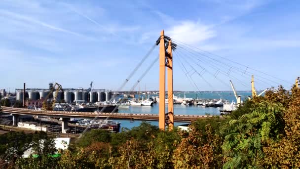 Snelwegbrug, Spoorweg op zeehaven, haven achtergrond met graanliften, jachten, schepen, drijvende vracht kranen in de haven van Odessa in de herfst. Logistieke export import transport industrie concept. — Stockvideo