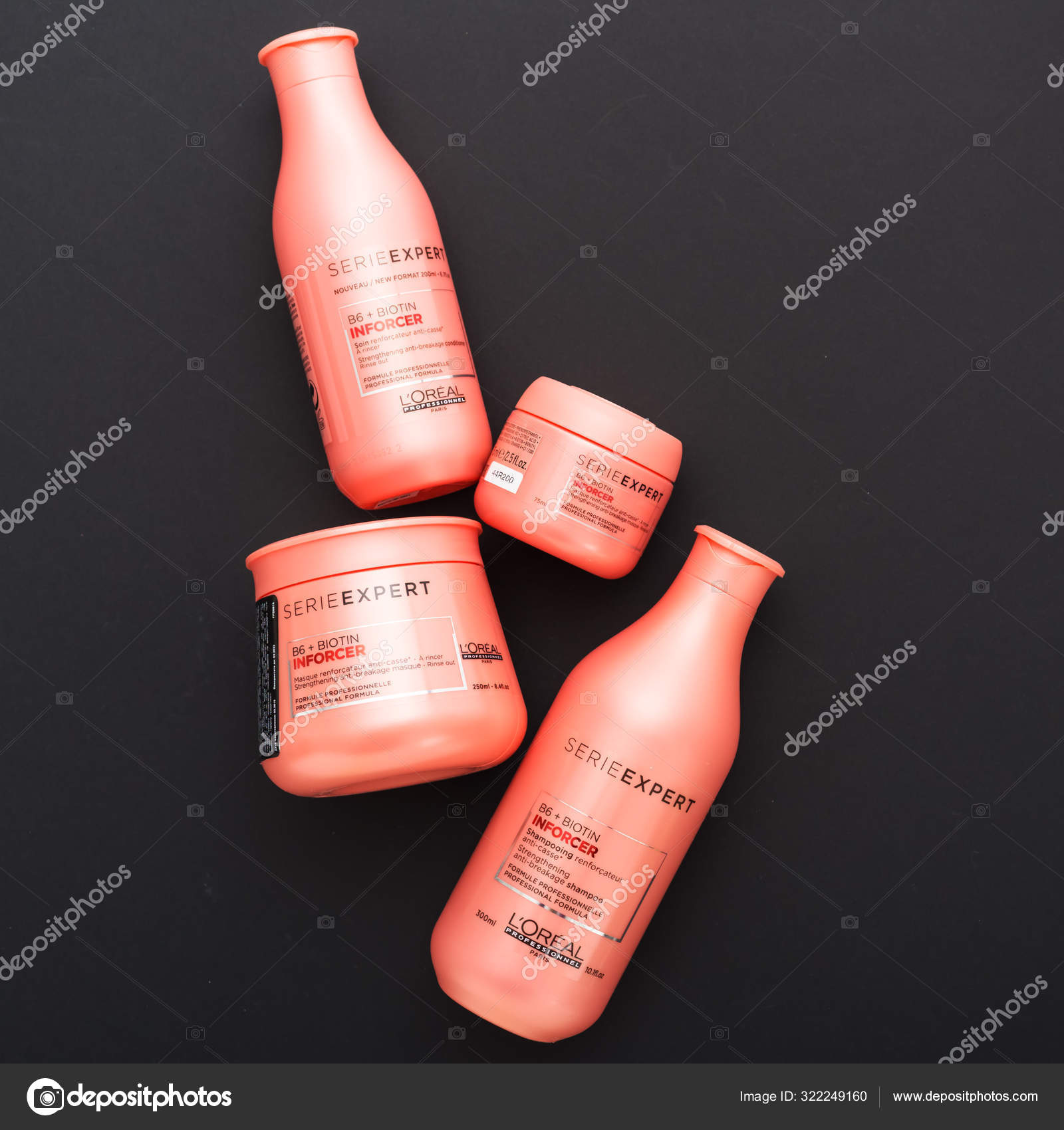 Plenarmøde En begivenhed Modsigelse L'oreal professionnel Paris Serie Expert Inforcer hair professional  products. Loreal shampoo cream mask conditioner for hair. Flat lay on black  background. Pink hair cosmetics bottles. – Stock Editorial Photo ©  beton_studio #322249160