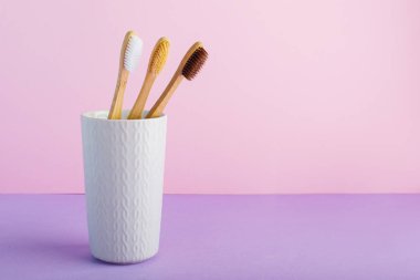 Cam kaplı doğal bambu diş fırçaları pembe arka planda. Biyo-çözünebilir doğal bambu diş fırçası. Çevre dostu, sıfır atık, diş bakımı, plastiksiz konsept. Metin için alanı kopyala