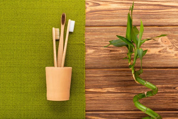 Bamboo toothbrushes in hand made clay glass bamboo plant with green towel on wooden background.Flat lay.Biodegradable natural bamboo toothbrush.Eco friendly,Zero waste,Dental care Plastic free concept — Stock Photo, Image