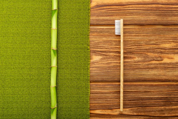 Bamboo toothbrush and bamboo plant on wooden background. Flat lay copy space. Natural bath products. Biodegradable natural bamboo toothbrush. Eco friendly, Zero waste, Dental care Plastic free concept