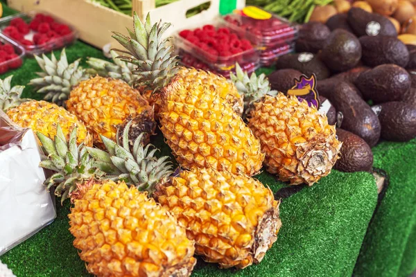 Different kinds of tropical fruits at market. Pineapple, avocado, raspberry. Fresh raw organic bio uncooked fruits for sale at farmers market. stock photo of fruits vegan food, healthy nutrition.