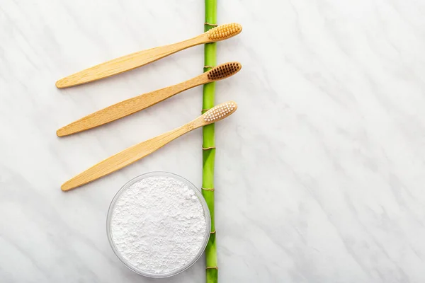 Bamboo Toothbrush Bamboo Plant Dentifrice Tooth Powder White Marble Background — Stock Photo, Image