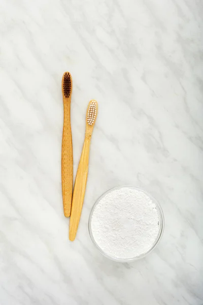 Bamboo Toothbrush Dentifrice Tooth Powder White Marble Background Biodegradable Natural — Stock Photo, Image