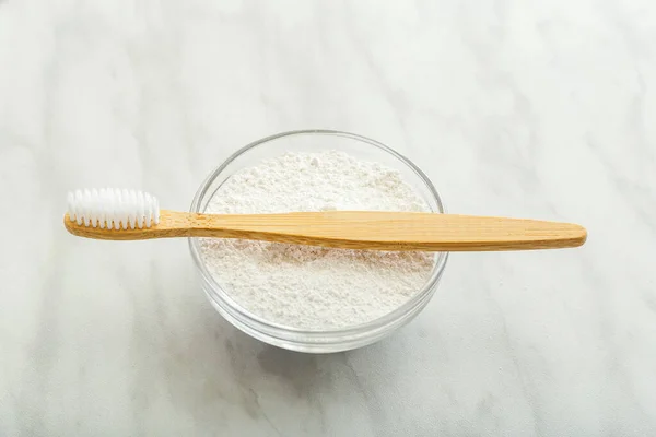 Bamboo Toothbrush Dentifrice Tooth Powder White Marble Background Biodegradable Natural — Stock Photo, Image