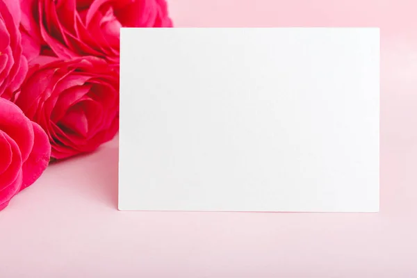 Virágmintás gratuláció. Esküvői meghívó rózsaszín vörös rózsa csokorban rózsaszín háttérrel. Fehér üres kártya, hely a szövegnek, képkocka beállítás. Tavaszi ünnepi virág koncepció, ajándék kártya. — Stock Fotó