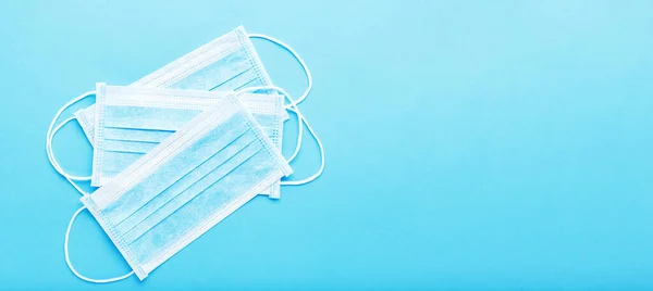 Medizinische Hygienemasken Medizinische Schutzmasken Blaues Banner Mit Kopierraum Chirurgische Einweg — Stockfoto