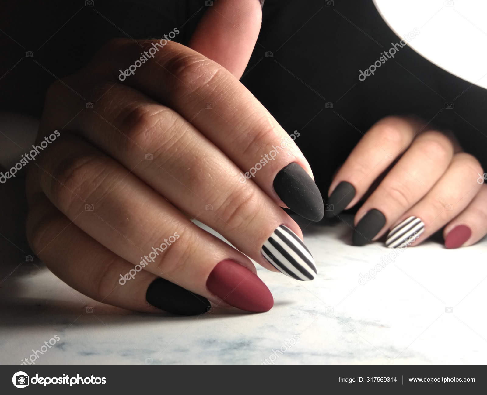 Multicolored Matte Manicure Striped Design Long Extended Nails Black White  Stock Photo by ©katalshov2@ 317569314