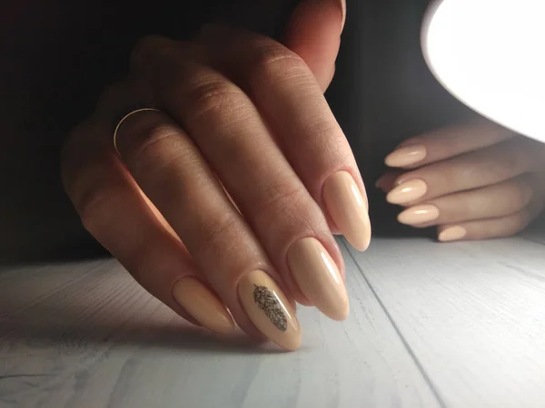 Peach gel polish with black geometric pen design. Black leaf design consisting of geometric details on camouflage pastel coating on long round nails.