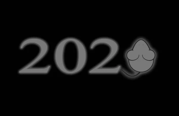 Ano Novo 2020 Inscrição Fundo Preto Ano Rato Metal Branco — Fotografia de Stock