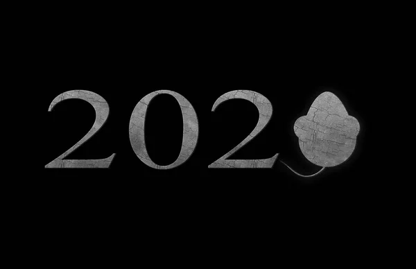 2020年 在黑色背景上带有混凝土质感的题词 白色金属老鼠的那一年 鼠标为零的形式 — 图库照片