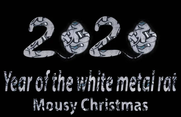 让2020年的老鼠代替零 祝贺在黑色背景上涂鸦的质感 白色金属老鼠的那一年 鼠标的形式为零 不幸的圣诞节 — 图库照片