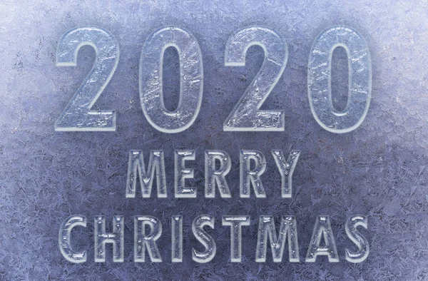Tekstura Płatków Śniegu Przezroczystym Szkle Napis 2020 Wesołych Świąt Piękny — Zdjęcie stockowe