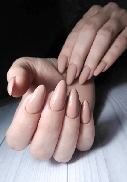 Long Nails Camouflage Clean Manicure Beige Gel Polish Pastel Color — 图库照片