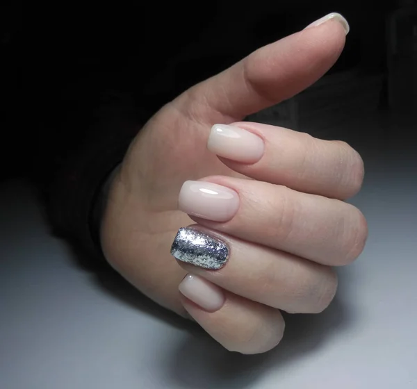 Long Square Nails Camouflage Clean Manicure Beige Gel Polish Silver — 图库照片