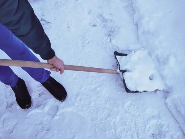 Зимовий Снігопад Чоловік Лопає Сніг Пластикова Чорна Лопата Дерев Яною — стокове фото