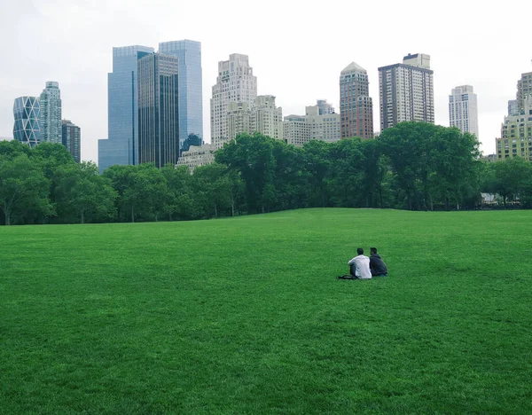 ニューヨークのセントラルパーク 緑の公園や高層ビルを背景に二人だけで芝生の上に座っている — ストック写真