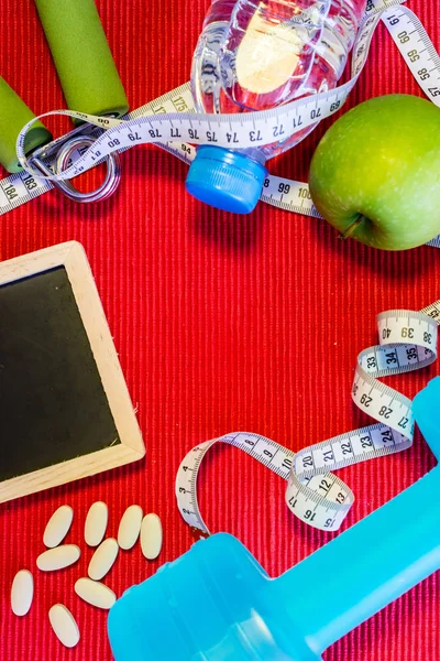 Lay Flat - Dumbbell, Measuring Tape, Hand Grip, Mineral Water, F — Stock Photo, Image