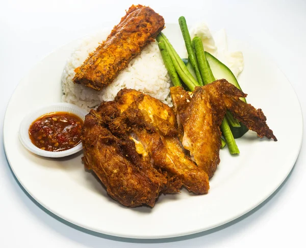 Nourriture Asiatique Riz Blanc Poulet Frit Tempeh Frit Légumes — Photo