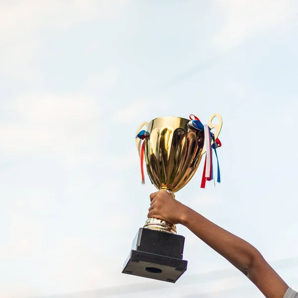 Ragazzo Con Trofeo Mano Vincitore — Foto Stock