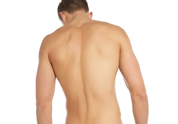 Sport en fitness onderwerp: naakte sportieve man die terug geïsoleerd op een witte achtergrond in de studio, menselijke anatomie — Stockfoto