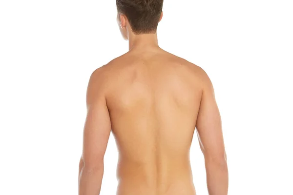 Sport och fitness ämne: naken sportiga mannen stående tillbaka isolerad på en vit bakgrund i studion, människans anatomi Royaltyfria Stockbilder