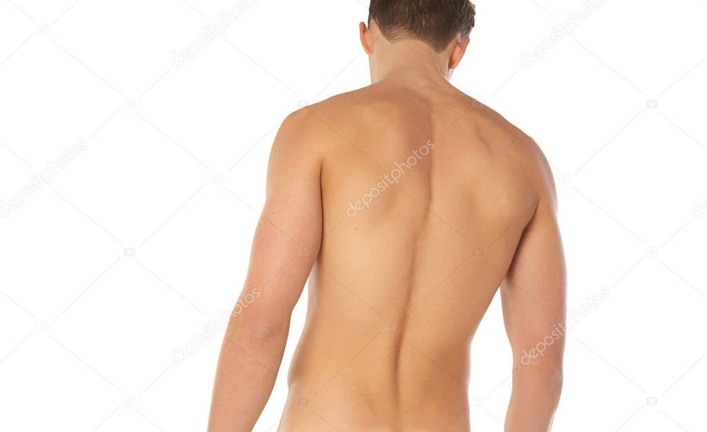 Sports and fitness topic: naked sporty man standing back isolated on a white background in the studio, human anatomy