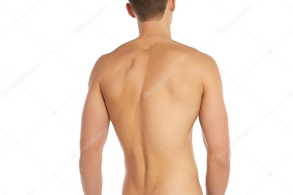 Sports and fitness topic: naked sporty man standing back isolated on a white background in the studio, human anatomy