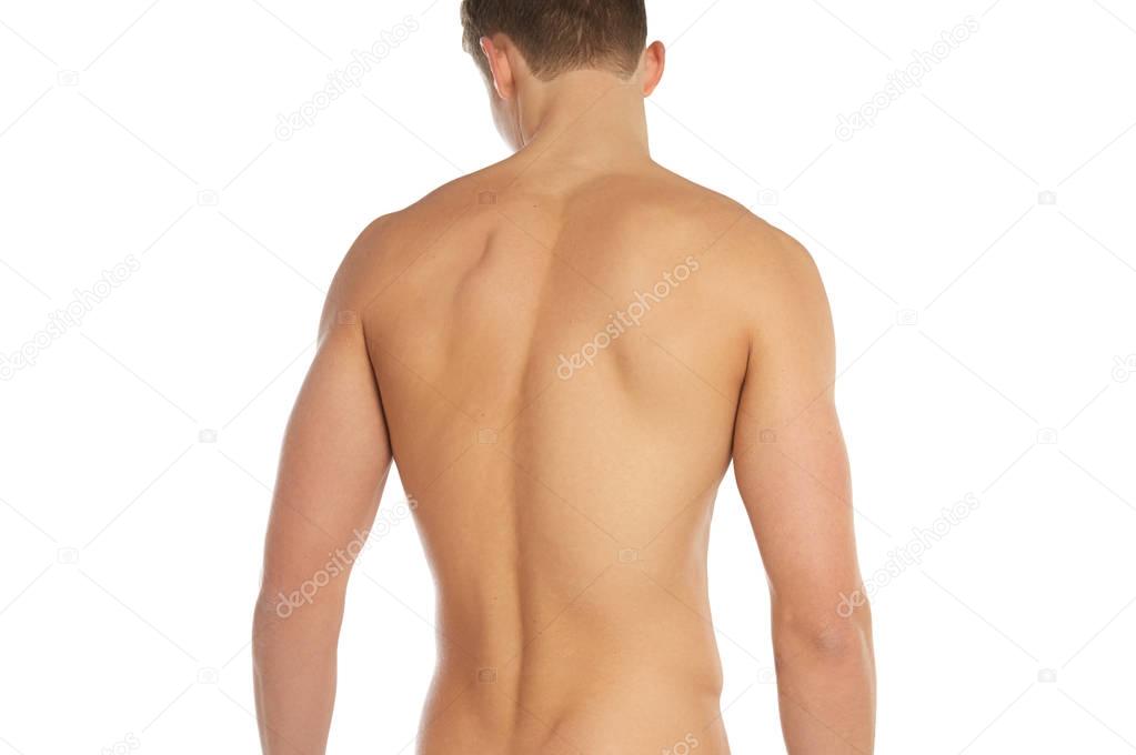 Sports and fitness topic: naked sporty man standing back isolated on a white background in the studio, human anatomy