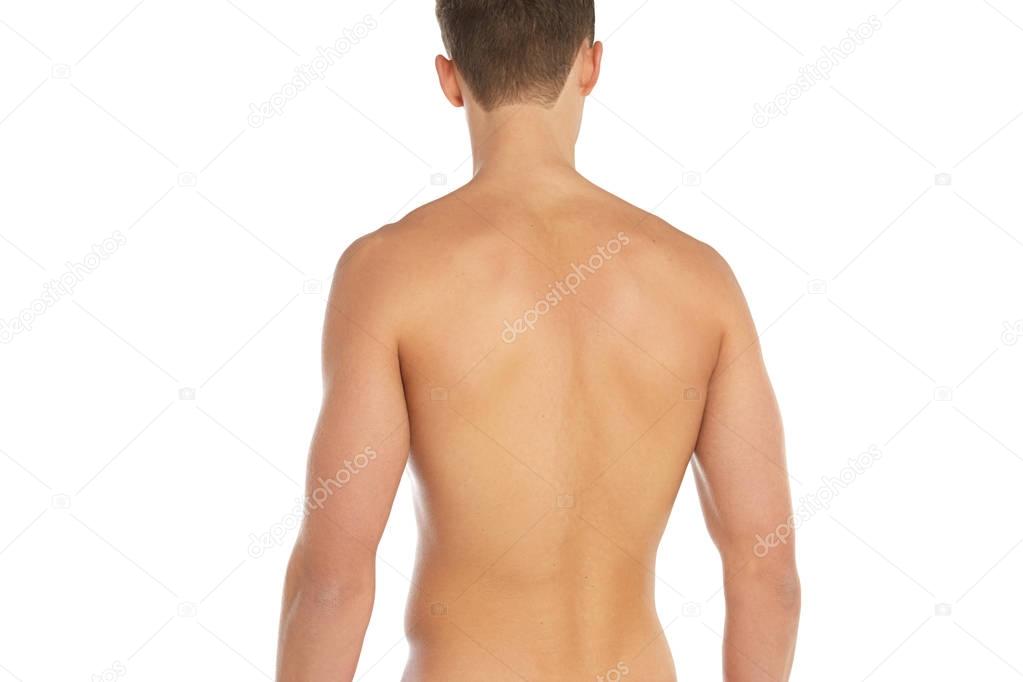 Sports and fitness topic: naked sporty man standing back isolated on a white background in the studio, human anatomy