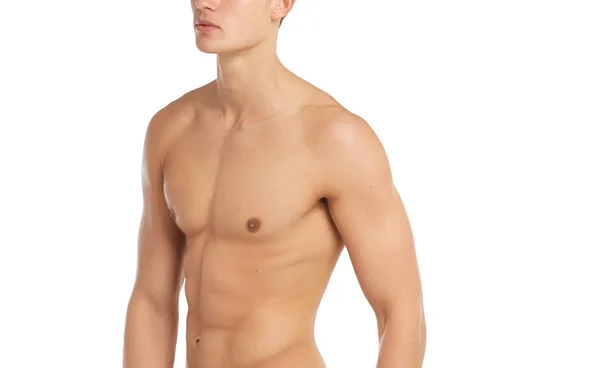 Σπορ και το γυμναστήριο θέμα: γυμνό σπορ μυώδης άνδρας στέκεται απομονωθεί σε λευκό φόντο στο στούντιο, ανθρώπινη ανατομία — Φωτογραφία Αρχείου