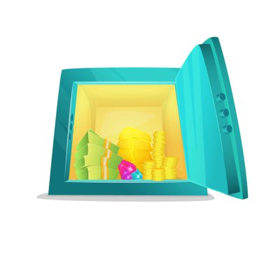 Çizgi film güvenli ön görünüm. Metalik karikatür güvenli içinde para, altın bar, paralar, Doları nakit yığınları ile açıldı. Vektör çizim zenginliklerini güvenli tam