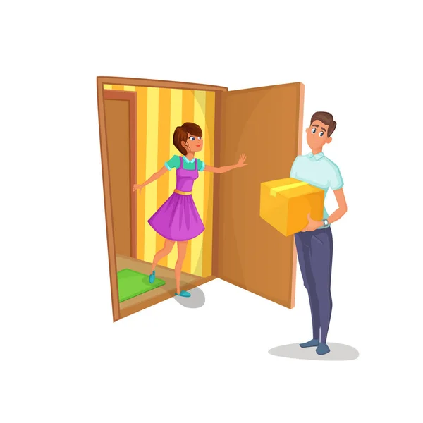 Kurir förde paketet till kvinnor hemma. Hemmafru öppna dörren till lägenheten och möter deliveryman — Stock vektor