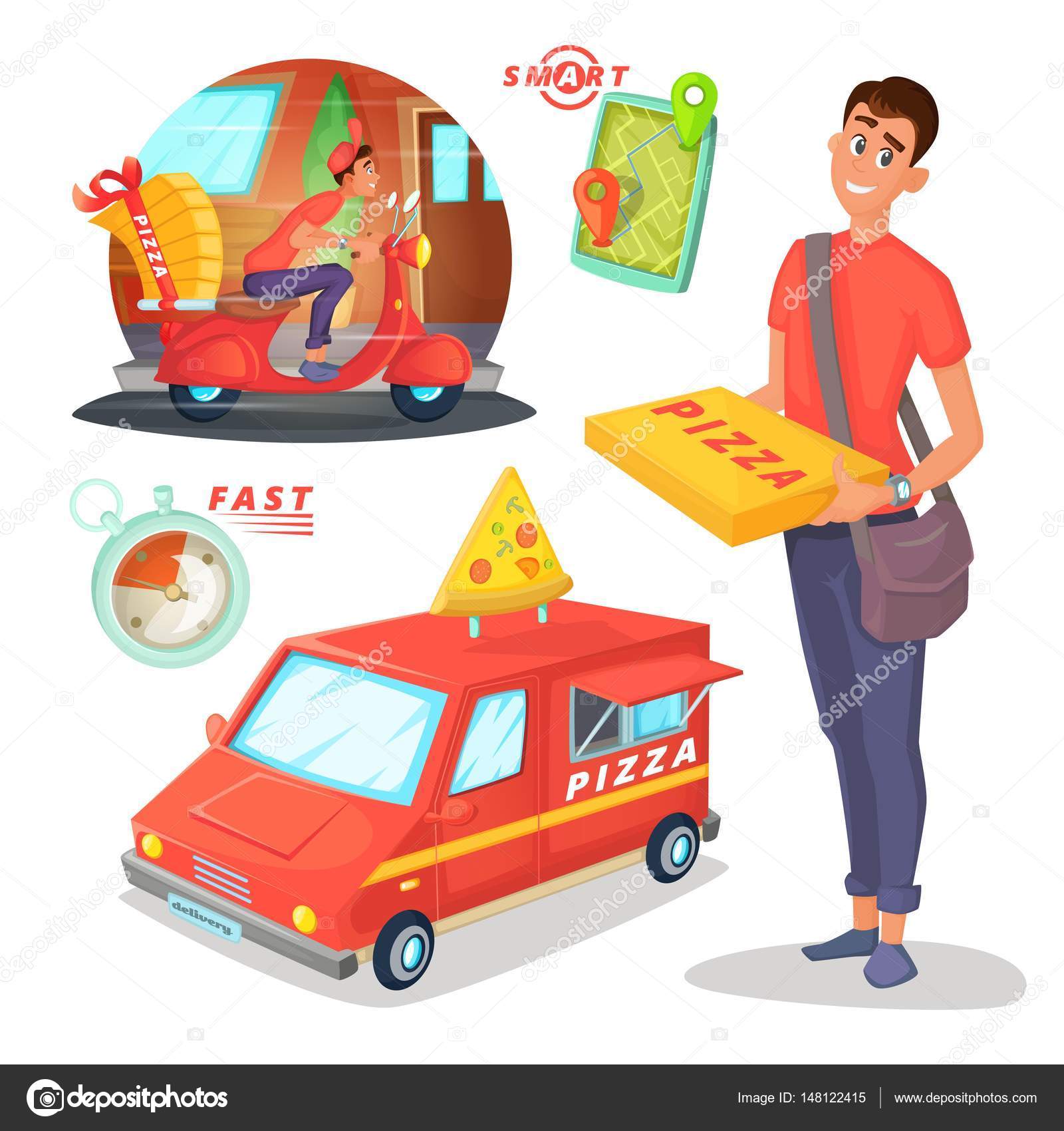 Pizza delivery cartoon illustration with van, scooter, courier character design and transportation and navigation elements Stock Vector Image by ©DemianVS #148122415 Pizza delivery cartoon illustration with van, scooter, courier character design and transportation and navigation elements Stock Vector Image by ©DemianVS #148122415