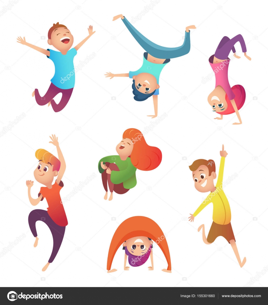 Gelukkige jonge geitjes in beweging. Kinderen in verschillende poses en