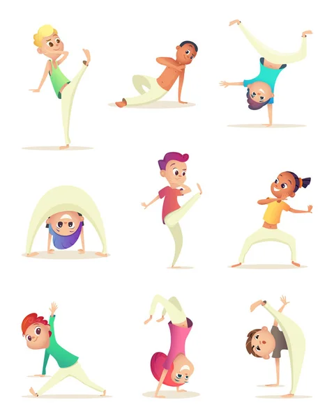 Los niños divertidos practican el movimiento de capoeira. Personaje de diseño de dibujos animados. Ilustración vectorial . — Archivo Imágenes Vectoriales